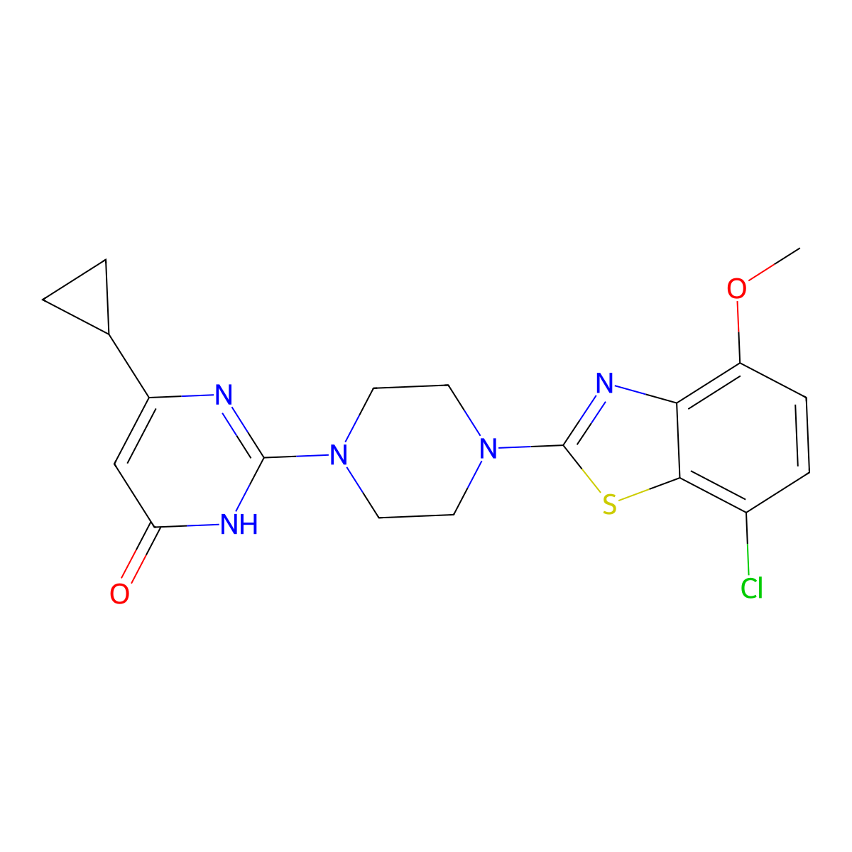 2-[4-(7-Chloro-4-methoxy-1,3-benzothiazol-2-yl)piperazin-1-yl]-6-cyclopropyl-3,4-dihydropyrimidin-4-one molecular structure, CAS 2770627-34-2