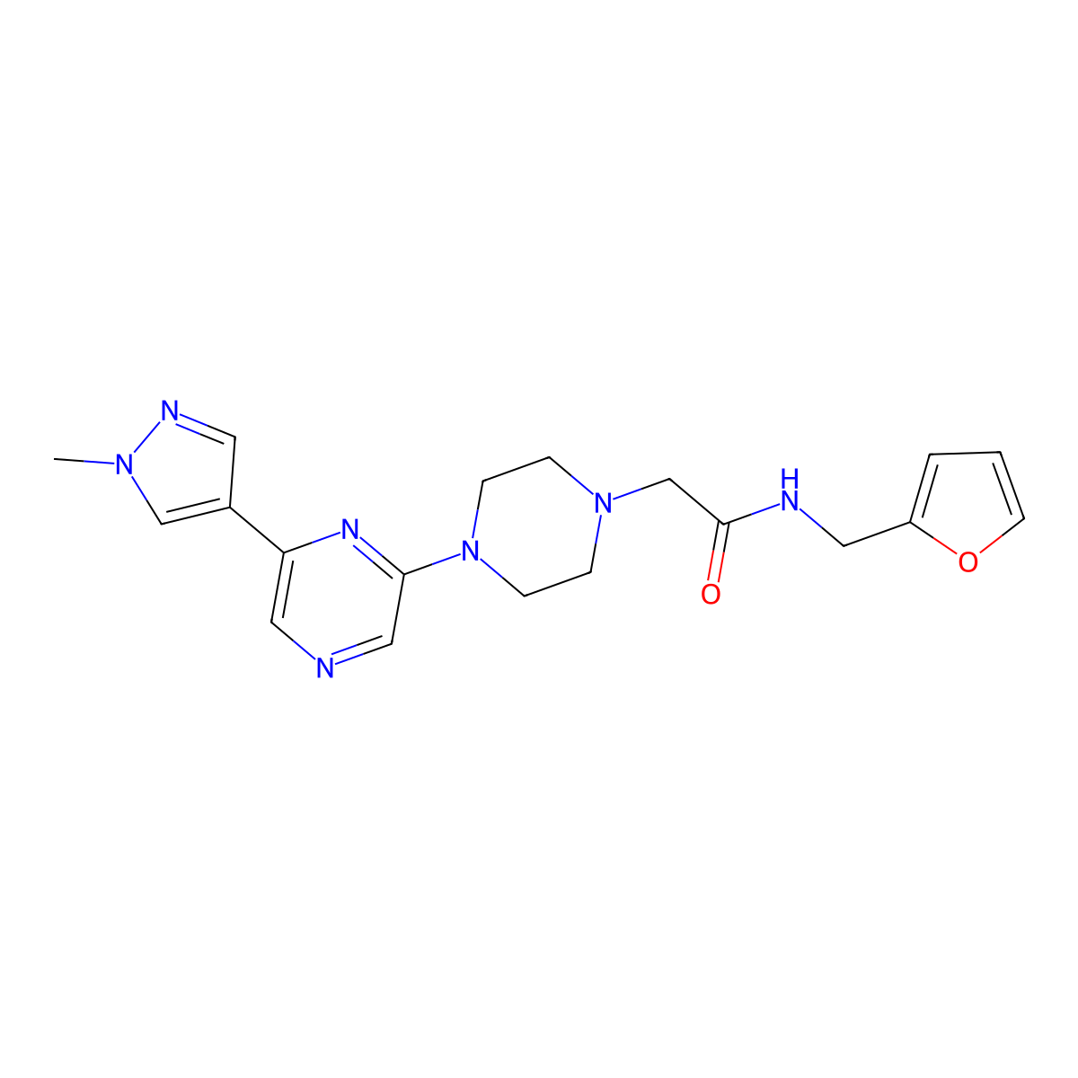 N-[(furan-2-yl)methyl]-2-{4-[6-(1-methyl-1H-pyrazol-4-yl)pyrazin-2-yl]piperazin-1-yl}acetamide molecular structure, CAS 2770627-37-5