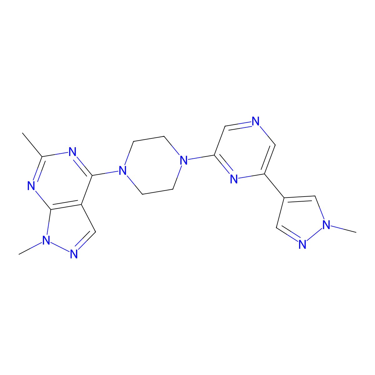 2-(4-{1,6-dimethyl-1H-pyrazolo[3,4-d]pyrimidin-4-yl}piperazin-1-yl)-6-(1-methyl-1H-pyrazol-4-yl)pyrazine molecular structure, CAS 2770627-38-6