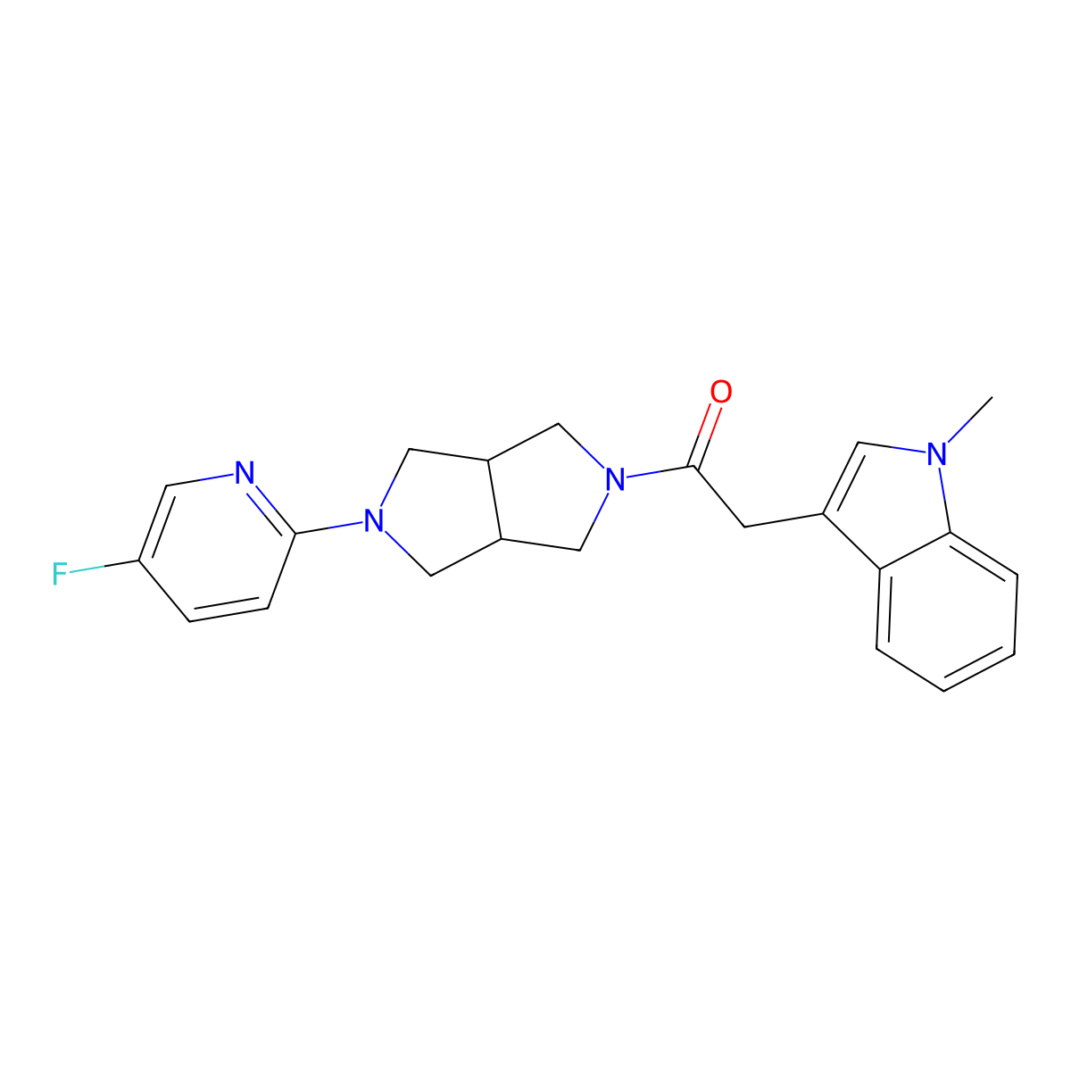 1-[5-(5-fluoropyridin-2-yl)-octahydropyrrolo[3,4-c]pyrrol-2-yl]-2-(1-methyl-1H-indol-3-yl)ethan-1-one molecular structure, CAS 2770627-50-2
