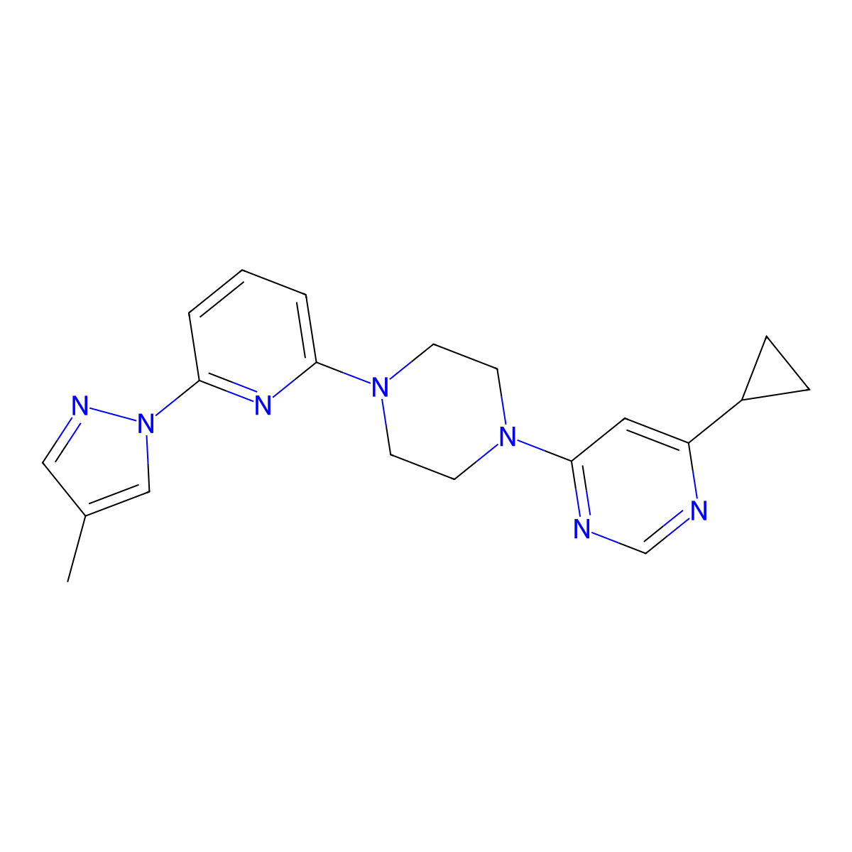 4-cyclopropyl-6-{4-[6-(4-methyl-1H-pyrazol-1-yl)pyridin-2-yl]piperazin-1-yl}pyrimidine molecular structure, CAS 2770627-58-0