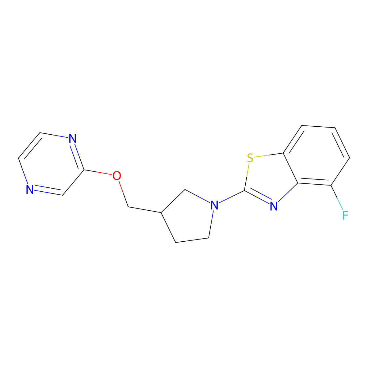 4-Fluoro-2-{3-[(pyrazin-2-yloxy)methyl]pyrrolidin-1-yl}-1,3-benzothiazole molecular structure, CAS 2770627-73-9