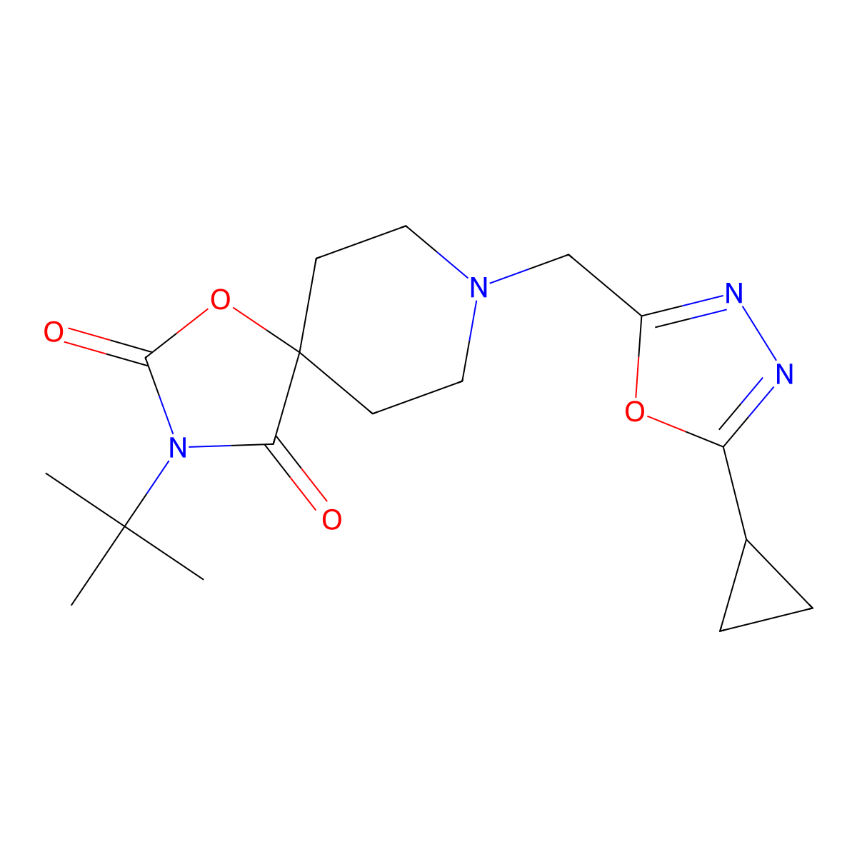 3-Tert-butyl-8-[(5-cyclopropyl-1,3,4-oxadiazol-2-yl)methyl]-1-oxa-3,8-diazaspiro[4.5]decane-2,4-dione molecular structure, CAS 2770627-75-1