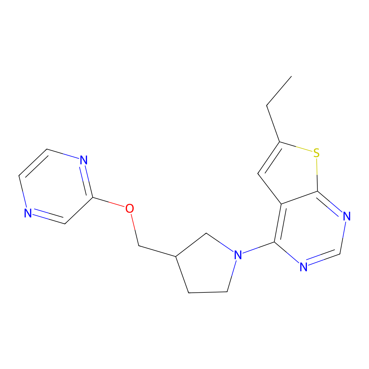 2-[(1-{6-Ethylthieno[2,3-d]pyrimidin-4-yl}pyrrolidin-3-yl)methoxy]pyrazine molecular structure, CAS 2770627-79-5