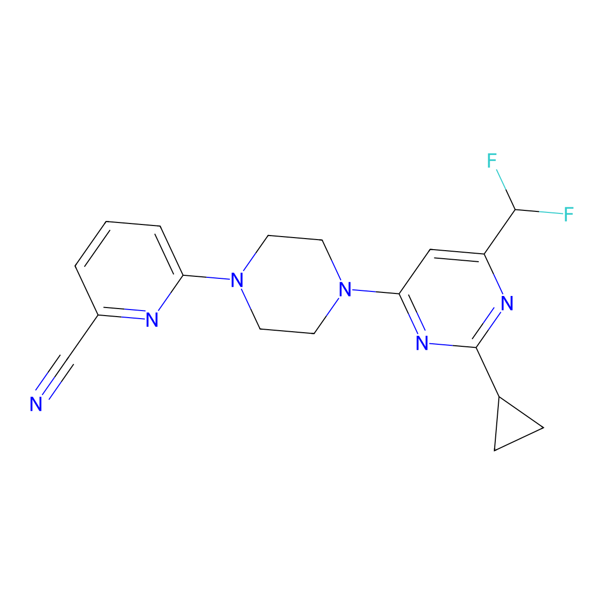 6-{4-[2-Cyclopropyl-6-(difluoromethyl)pyrimidin-4-yl]piperazin-1-yl}pyridine-2-carbonitrile molecular structure, CAS 2770627-80-8
