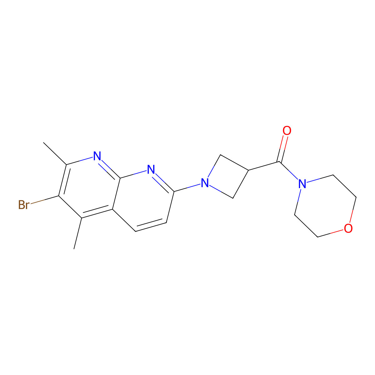 3-Bromo-2,4-dimethyl-7-[3-(morpholine-4-carbonyl)azetidin-1-yl]-1,8-naphthyridine molecular structure, CAS 2770627-82-0
