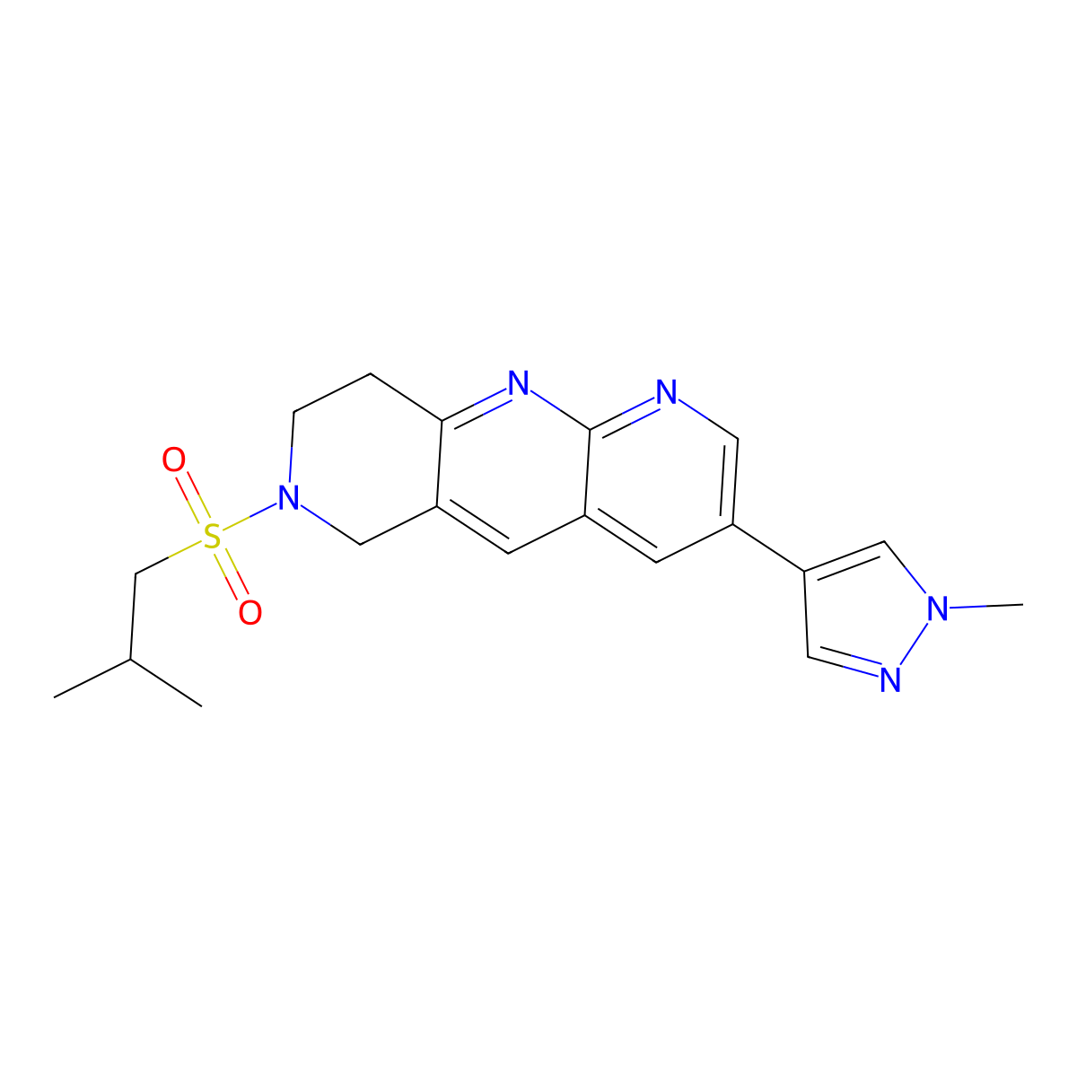 1-methyl-4-[7-(2-methylpropanesulfonyl)-6H,7H,8H,9H-pyrido[2,3-b]1,6-naphthyridin-3-yl]-1H-pyrazole molecular structure, CAS 2770627-85-3