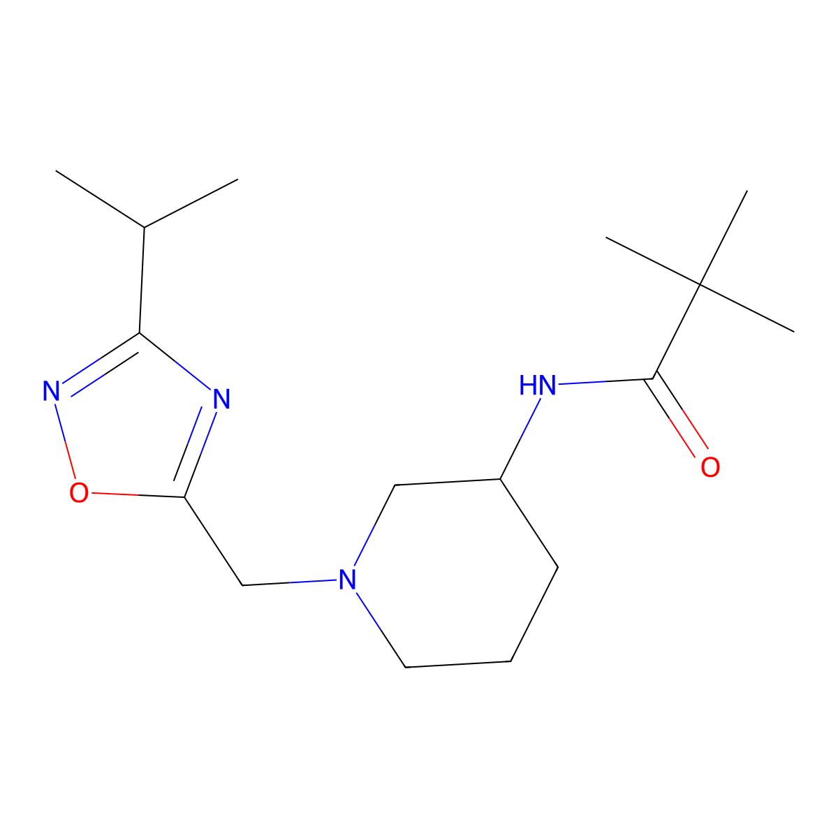 2,2-dimethyl-N-(1-{[3-(propan-2-yl)-1,2,4-oxadiazol-5-yl]methyl}piperidin-3-yl)propanamide molecular structure, CAS 2770627-87-5