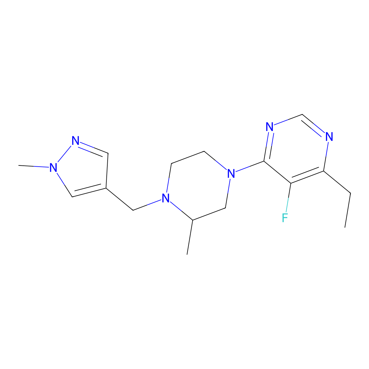 4-ethyl-5-fluoro-6-{3-methyl-4-[(1-methyl-1H-pyrazol-4-yl)methyl]piperazin-1-yl}pyrimidine molecular structure, CAS 2770627-88-6