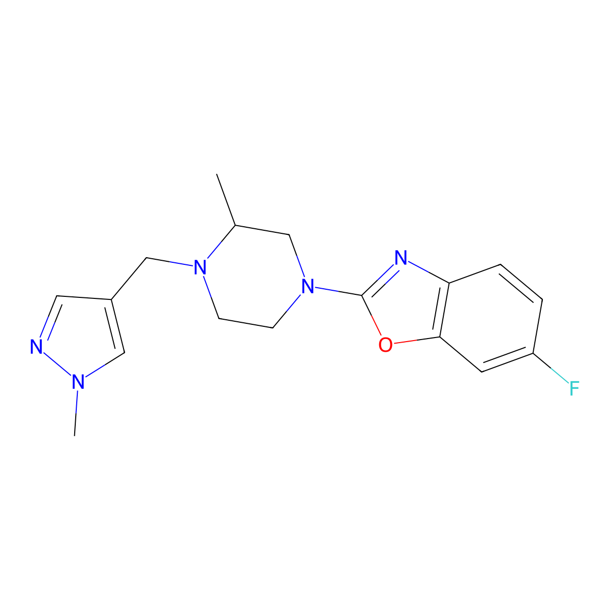 6-fluoro-2-{3-methyl-4-[(1-methyl-1H-pyrazol-4-yl)methyl]piperazin-1-yl}-1,3-benzoxazole molecular structure, CAS 2770628-02-7