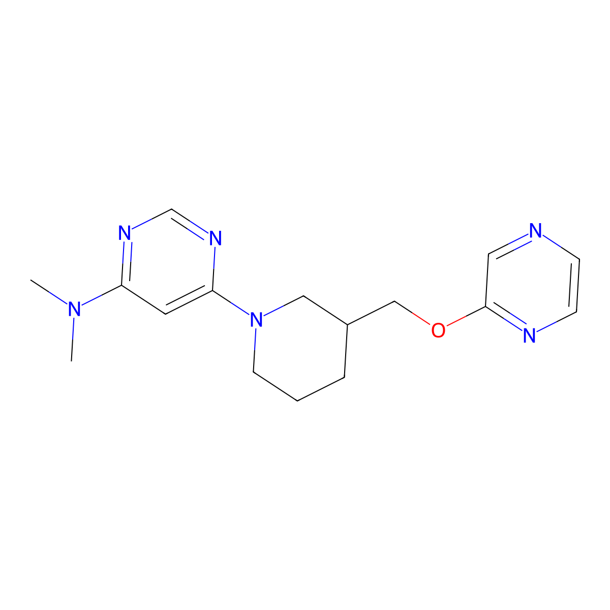 N,N-dimethyl-6-{3-[(pyrazin-2-yloxy)methyl]piperidin-1-yl}pyrimidin-4-amine molecular structure, CAS 2770628-03-8