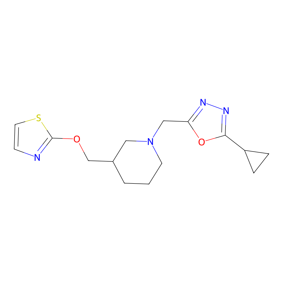 1-[(5-Cyclopropyl-1,3,4-oxadiazol-2-yl)methyl]-3-[(1,3-thiazol-2-yloxy)methyl]piperidine molecular structure, CAS 2770628-07-2