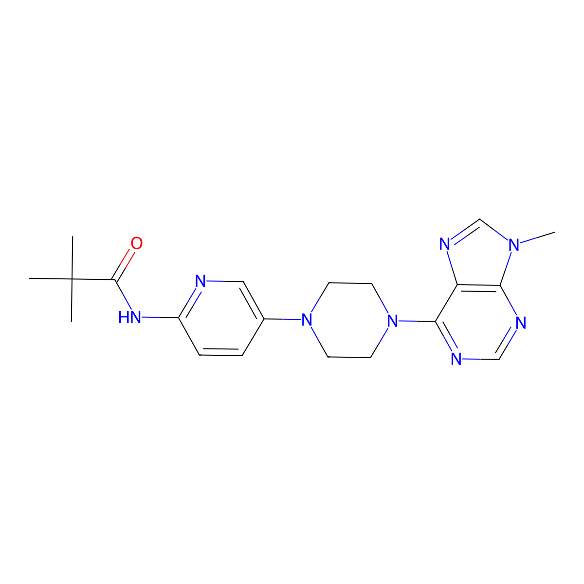 2,2-dimethyl-N-{5-[4-(9-methyl-9H-purin-6-yl)piperazin-1-yl]pyridin-2-yl}propanamide molecular structure, CAS 2770628-08-3