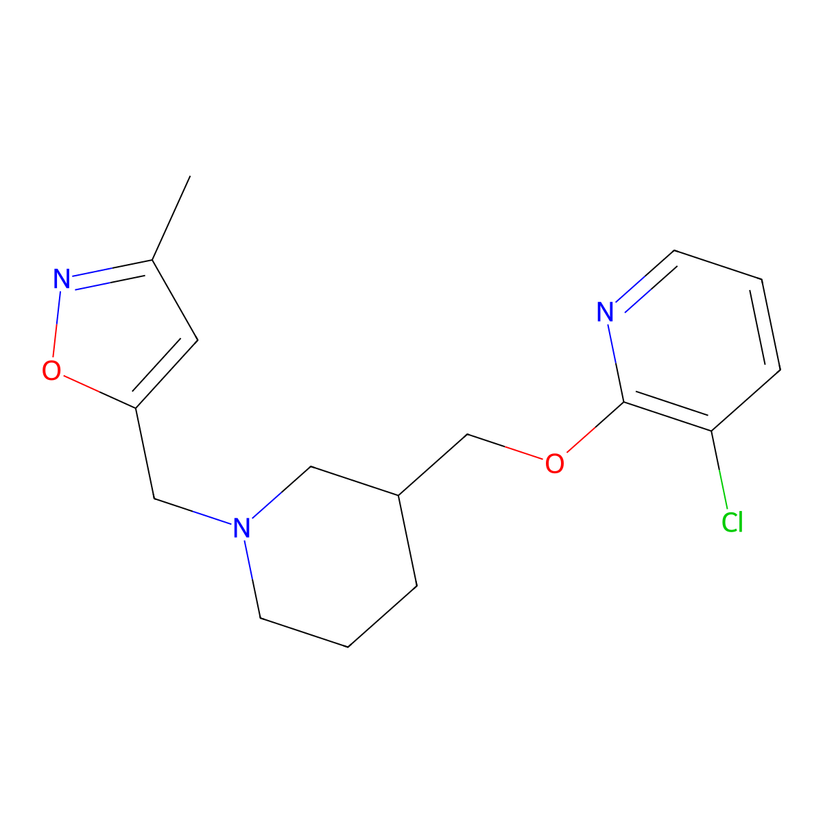 3-Chloro-2-({1-[(3-methyl-1,2-oxazol-5-yl)methyl]piperidin-3-yl}methoxy)pyridine molecular structure, CAS 2770628-13-0