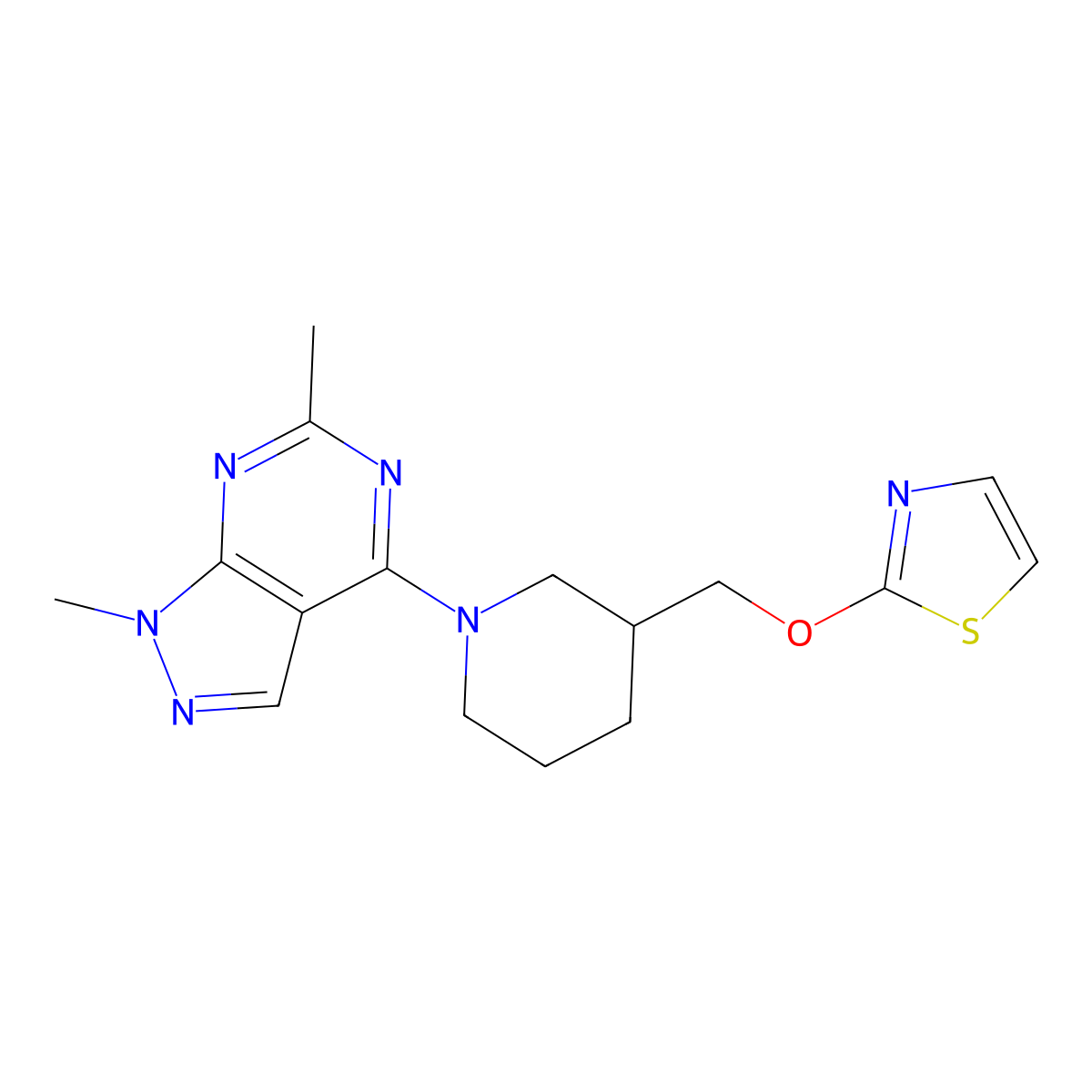 1-{1,6-dimethyl-1H-pyrazolo[3,4-d]pyrimidin-4-yl}-3-[(1,3-thiazol-2-yloxy)methyl]piperidine molecular structure, CAS 2770628-16-3