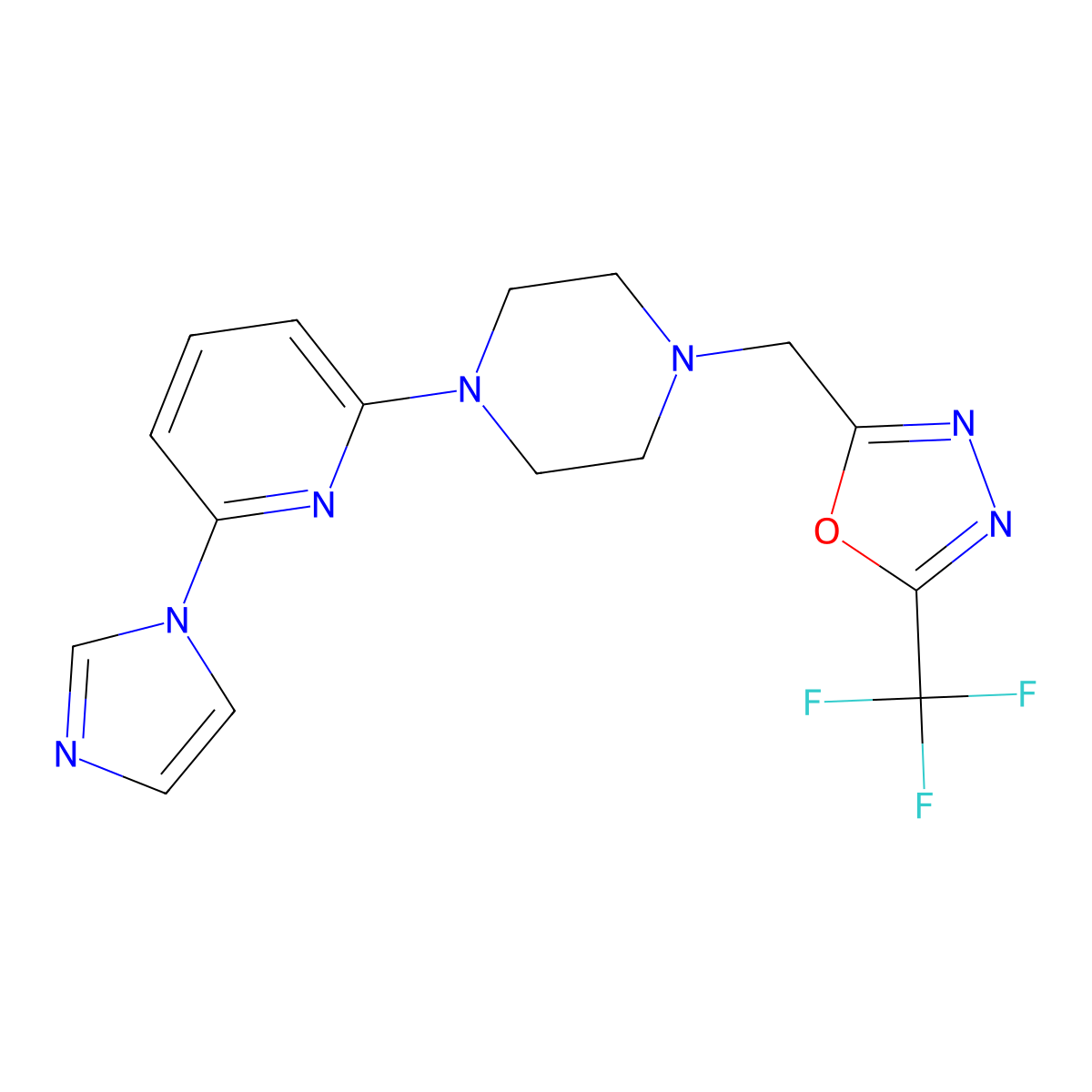 1-[6-(1H-imidazol-1-yl)pyridin-2-yl]-4-{[5-(trifluoromethyl)-1,3,4-oxadiazol-2-yl]methyl}piperazine molecular structure, CAS 2770628-28-7