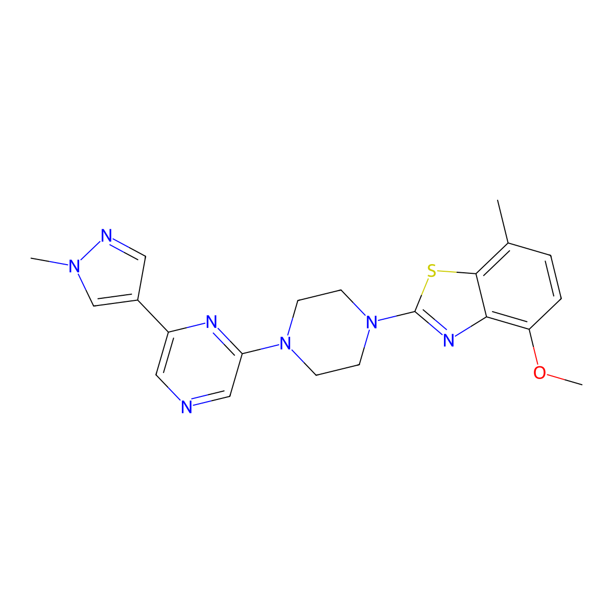 4-methoxy-7-methyl-2-{4-[6-(1-methyl-1H-pyrazol-4-yl)pyrazin-2-yl]piperazin-1-yl}-1,3-benzothiazole molecular structure, CAS 2770628-30-1