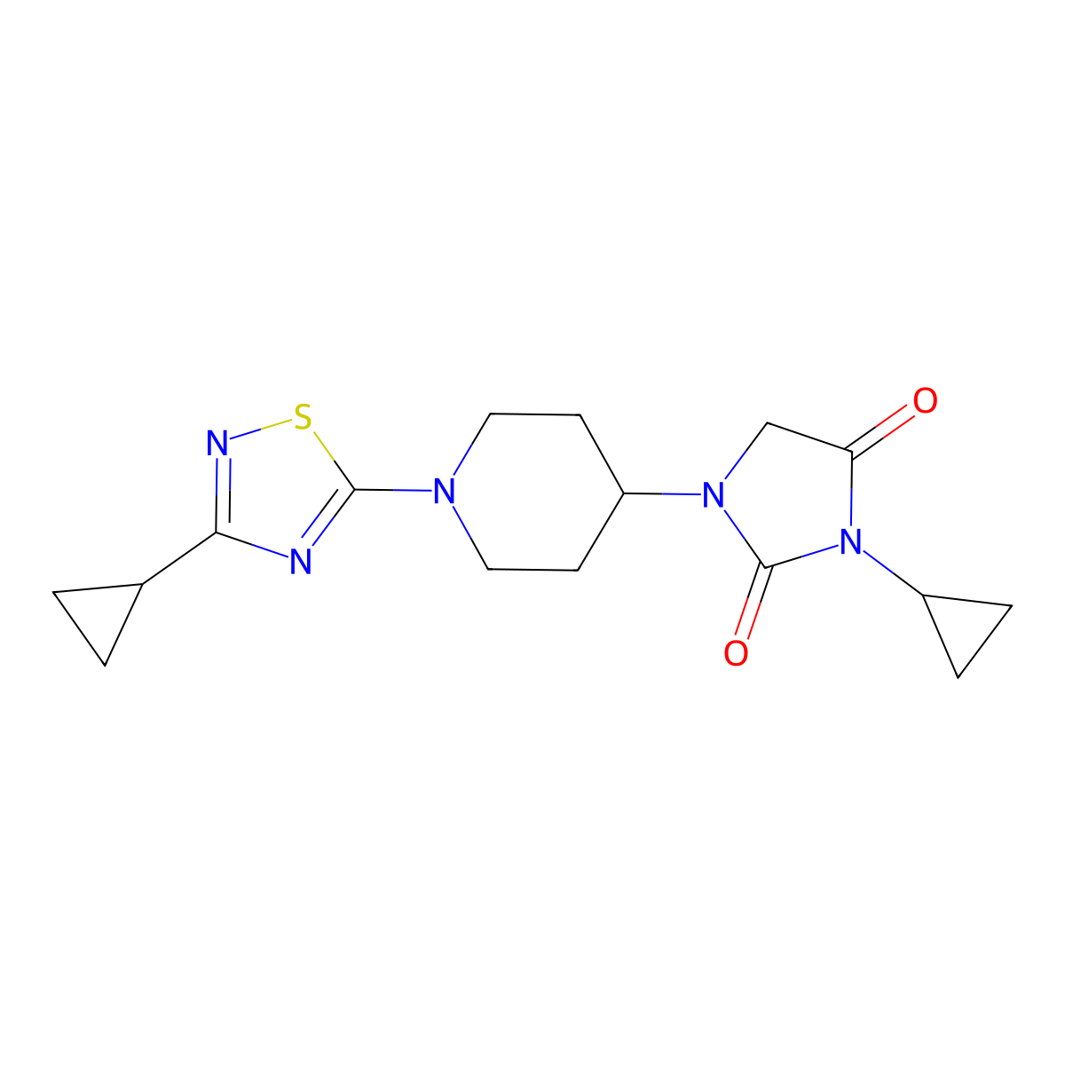 3-Cyclopropyl-1-[1-(3-cyclopropyl-1,2,4-thiadiazol-5-yl)piperidin-4-yl]imidazolidine-2,4-dione molecular structure, CAS 2770628-32-3