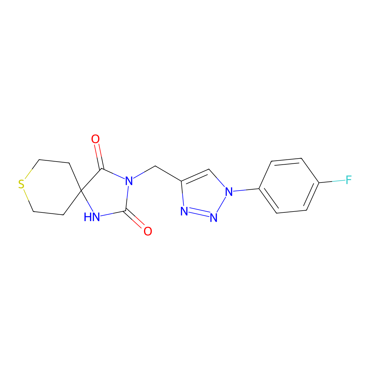 3-{[1-(4-fluorophenyl)-1H-1,2,3-triazol-4-yl]methyl}-8-thia-1,3-diazaspiro[4.5]decane-2,4-dione molecular structure, CAS 2770628-33-4