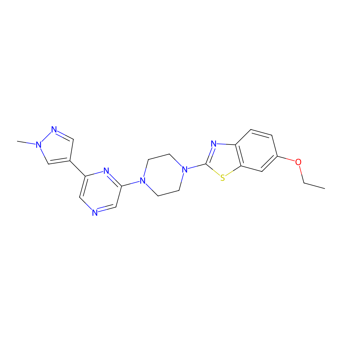 6-ethoxy-2-{4-[6-(1-methyl-1H-pyrazol-4-yl)pyrazin-2-yl]piperazin-1-yl}-1,3-benzothiazole molecular structure, CAS 2770628-38-9