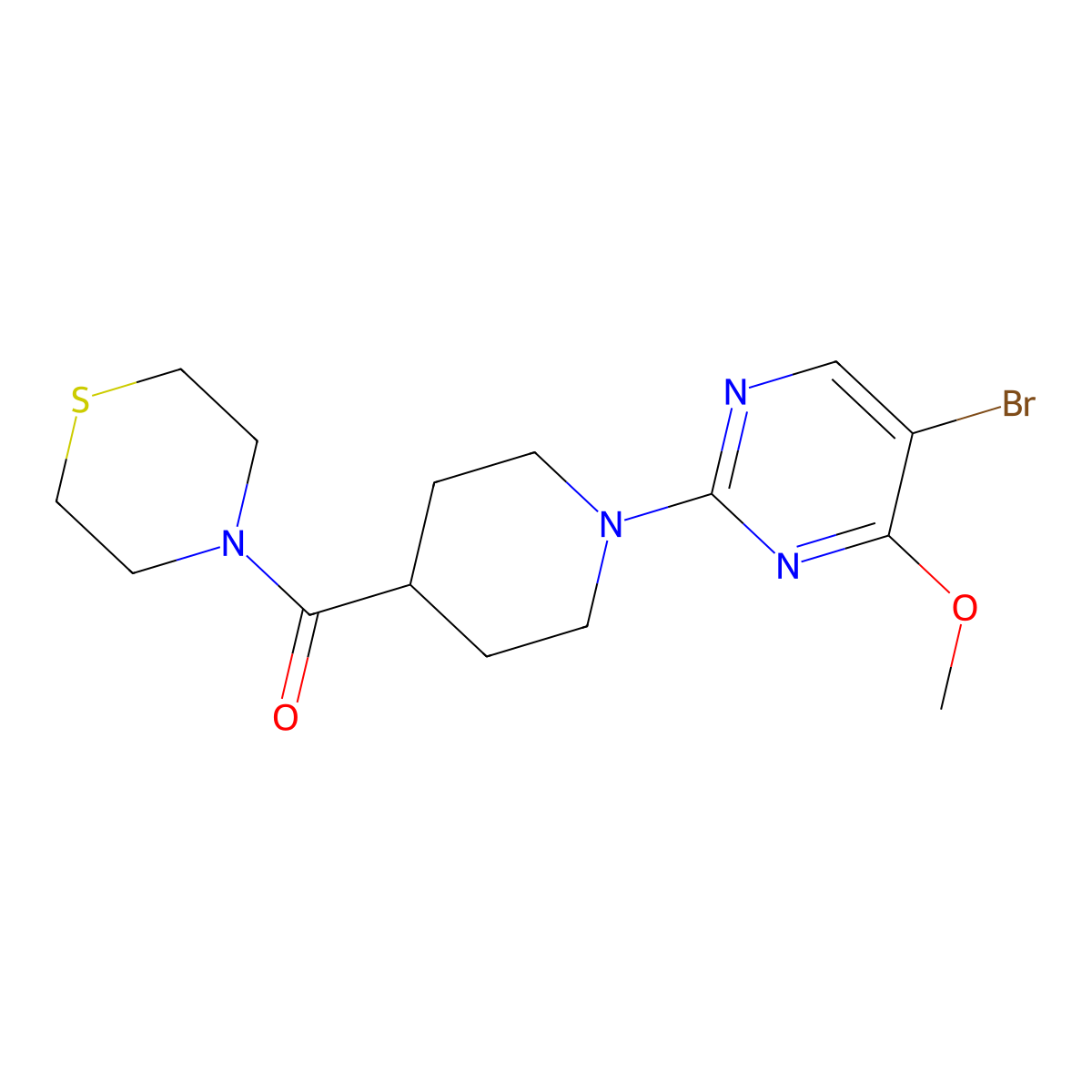 4-[1-(5-Bromo-4-methoxypyrimidin-2-yl)piperidine-4-carbonyl]thiomorpholine molecular structure, CAS 2770628-39-0