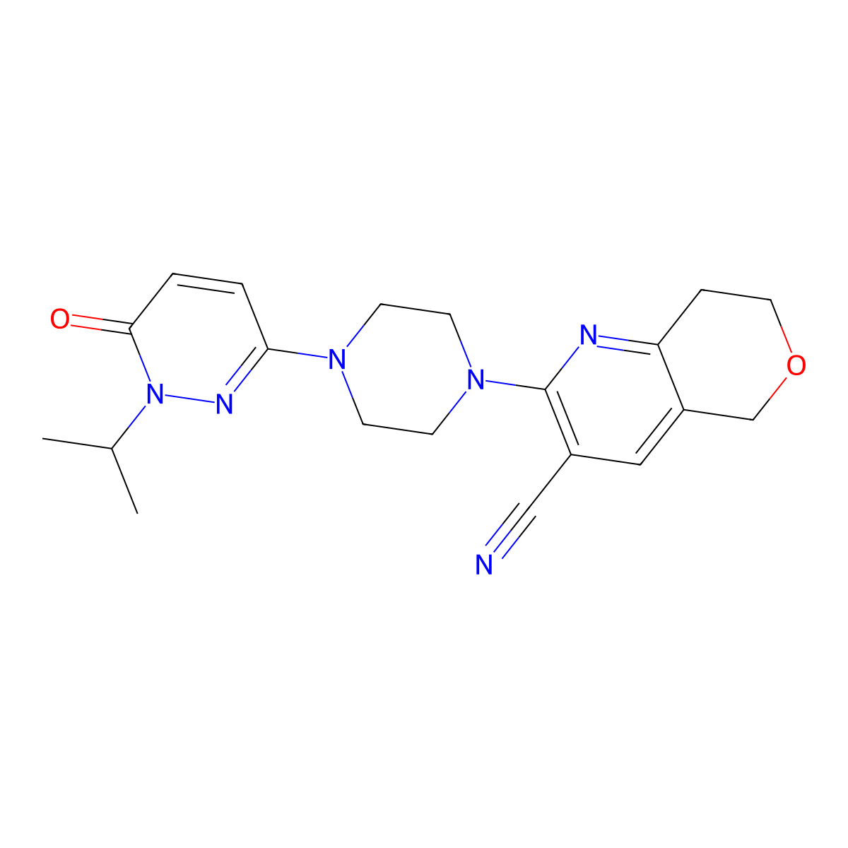 2-{4-[6-oxo-1-(propan-2-yl)-1,6-dihydropyridazin-3-yl]piperazin-1-yl}-5H,7H,8H-pyrano[4,3-b]pyridine-3-carbonitrile molecular structure, CAS 2770628-40-3