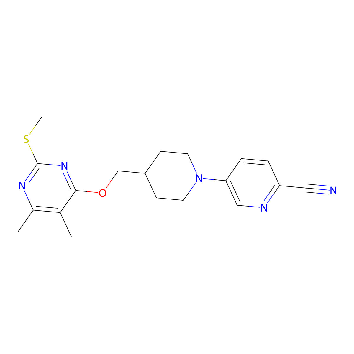 5-[4-({[5,6-Dimethyl-2-(methylsulfanyl)pyrimidin-4-yl]oxy}methyl)piperidin-1-yl]pyridine-2-carbonitrile molecular structure, CAS 2770628-42-5