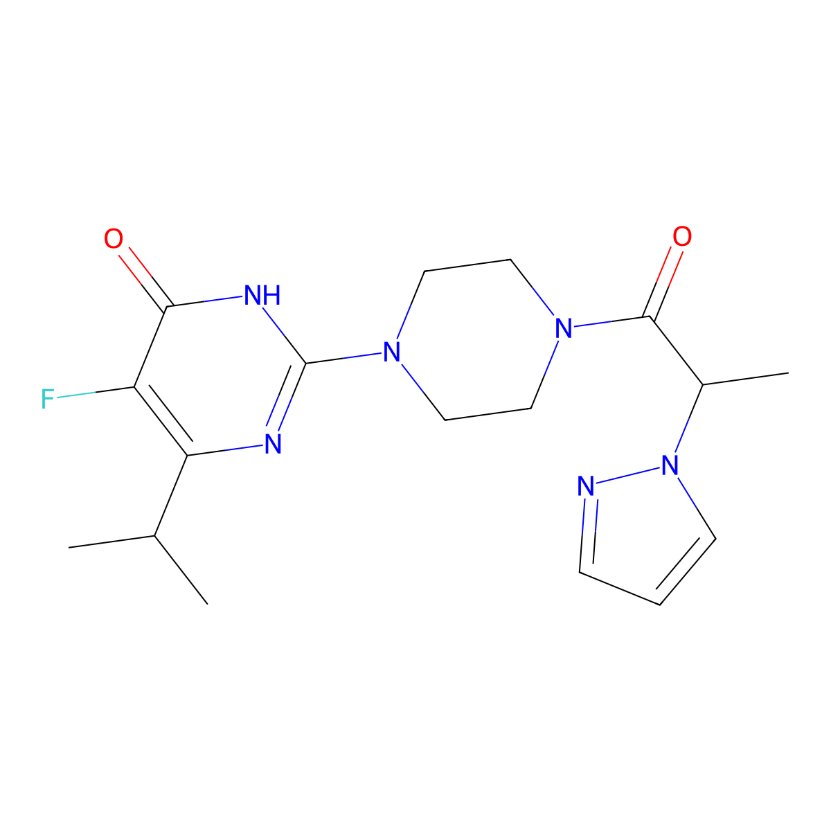 5-fluoro-6-(propan-2-yl)-2-{4-[2-(1H-pyrazol-1-yl)propanoyl]piperazin-1-yl}-3,4-dihydropyrimidin-4-one molecular structure, CAS 2770628-44-7