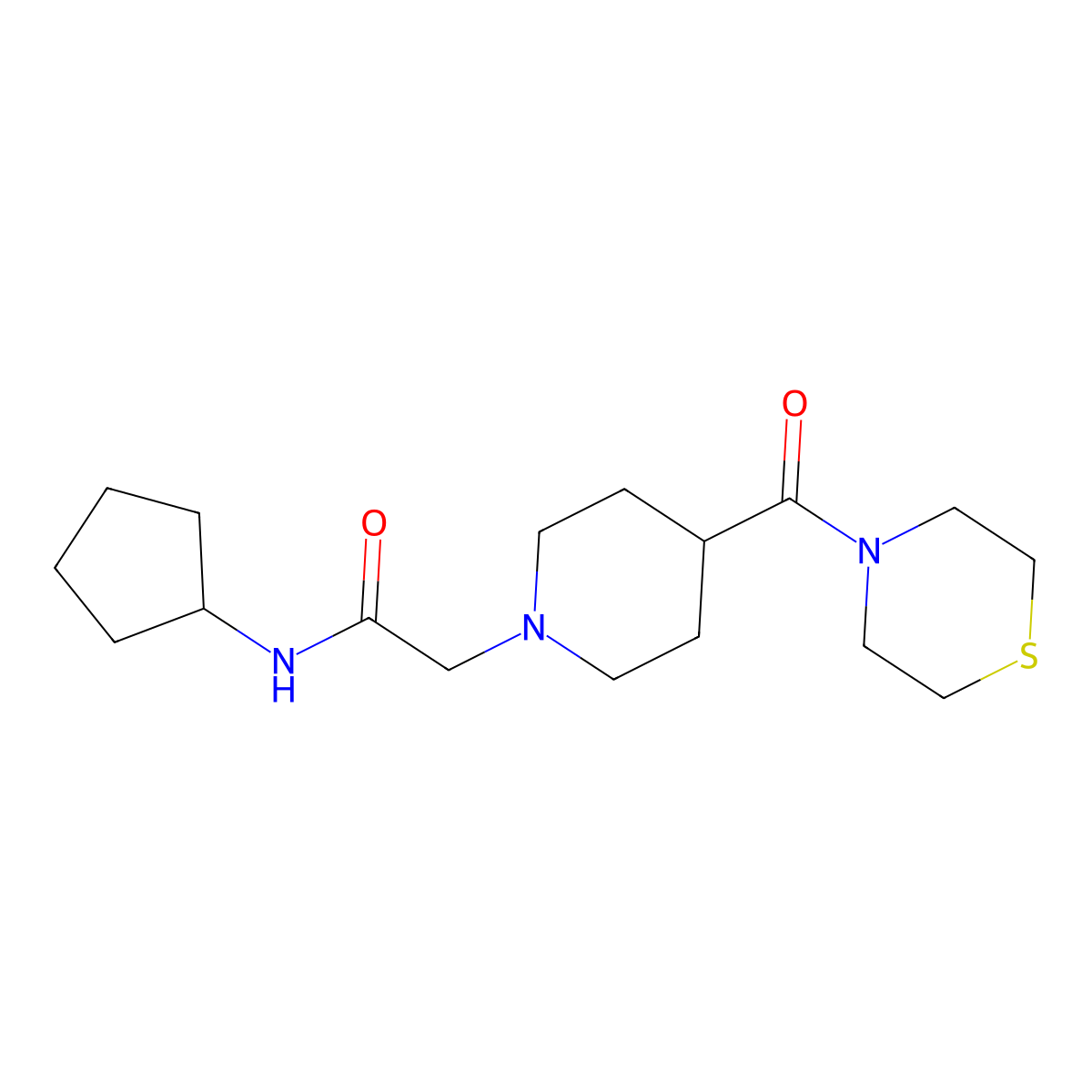 N-cyclopentyl-2-[4-(thiomorpholine-4-carbonyl)piperidin-1-yl]acetamide molecular structure, CAS 2770628-50-5