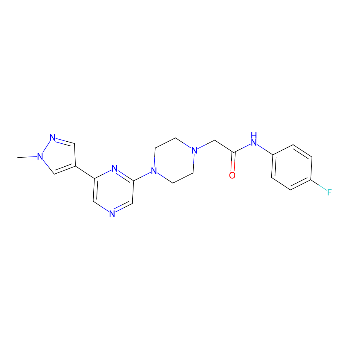 N-(4-fluorophenyl)-2-{4-[6-(1-methyl-1H-pyrazol-4-yl)pyrazin-2-yl]piperazin-1-yl}acetamide molecular structure, CAS 2770628-60-7