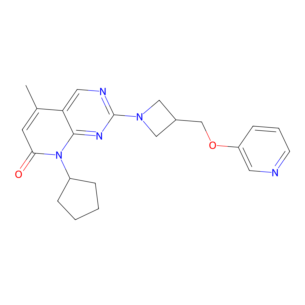 8-cyclopentyl-5-methyl-2-{3-[(pyridin-3-yloxy)methyl]azetidin-1-yl}-7H,8H-pyrido[2,3-d]pyrimidin-7-one molecular structure, CAS 2770628-63-0