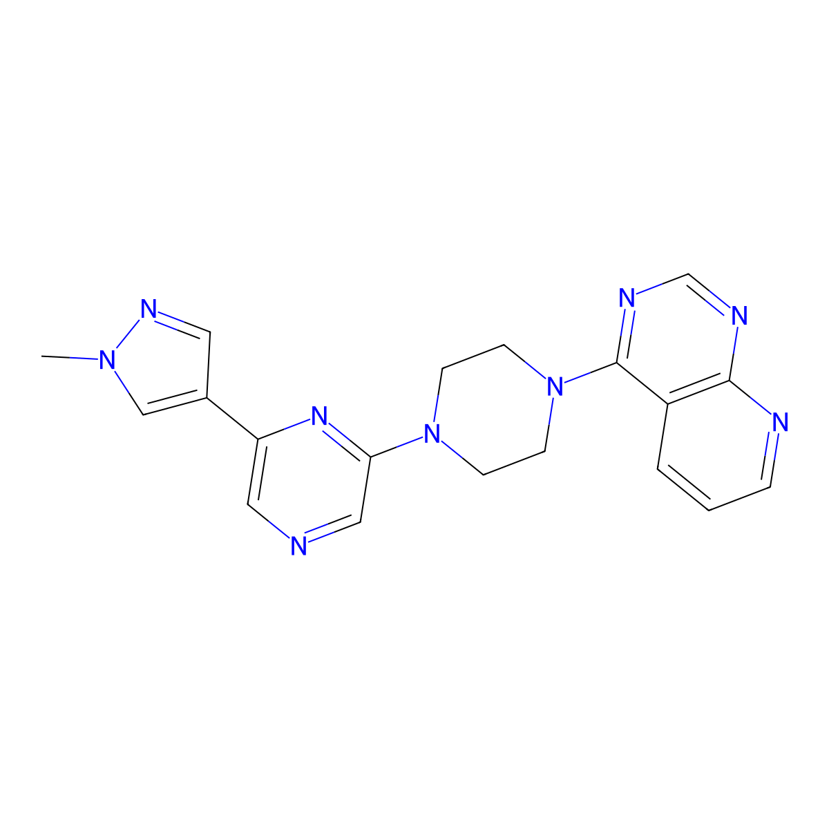 2-(1-methyl-1H-pyrazol-4-yl)-6-(4-{pyrido[2,3-d]pyrimidin-4-yl}piperazin-1-yl)pyrazine molecular structure, CAS 2770628-71-0