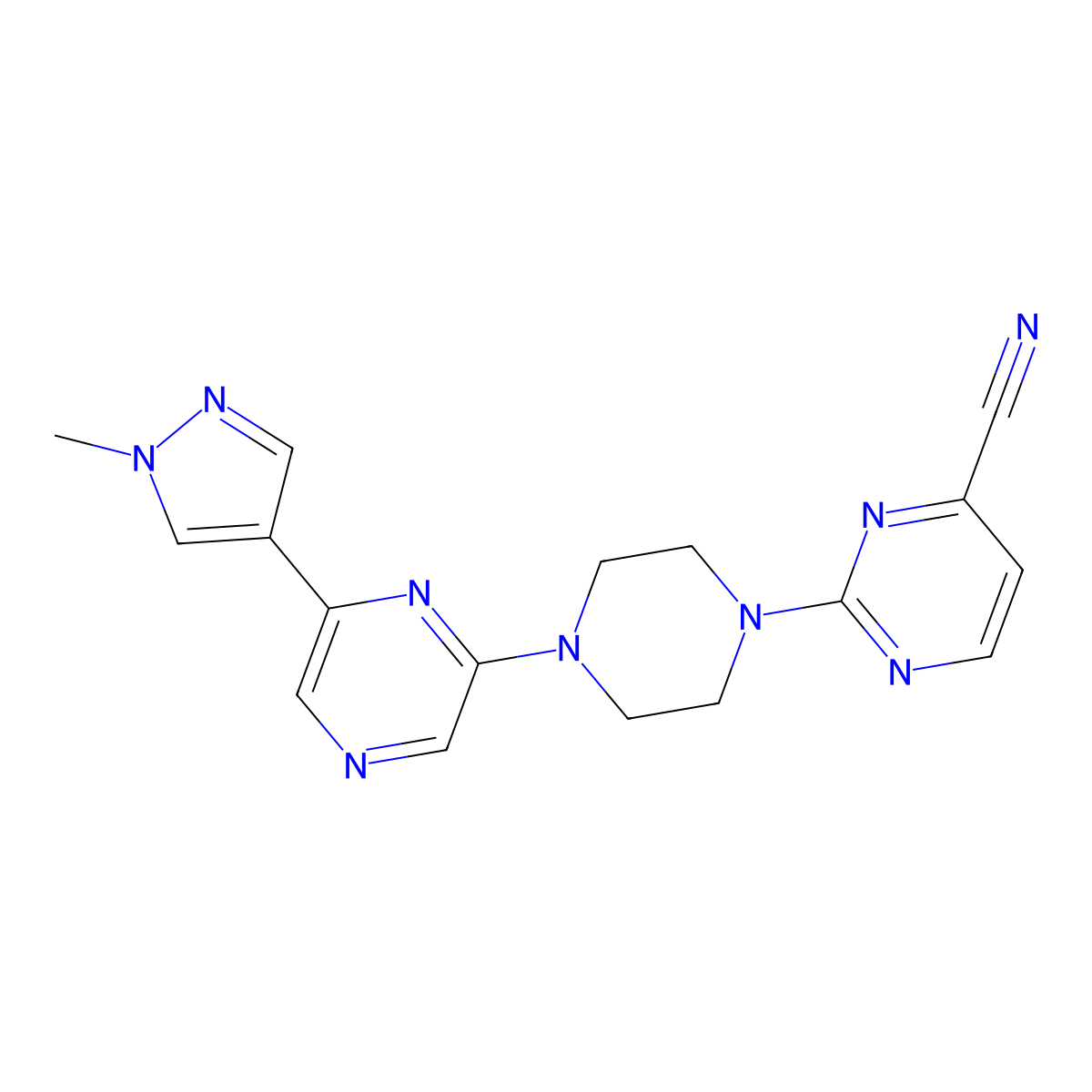 2-{4-[6-(1-methyl-1H-pyrazol-4-yl)pyrazin-2-yl]piperazin-1-yl}pyrimidine-4-carbonitrile molecular structure, CAS 2770628-76-5