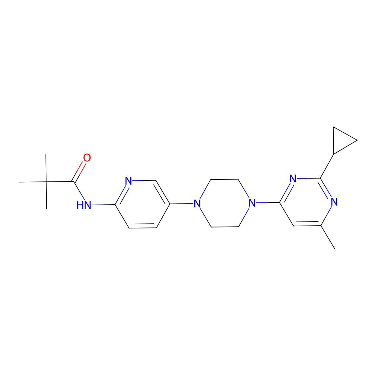 N-{5-[4-(2-cyclopropyl-6-methylpyrimidin-4-yl)piperazin-1-yl]pyridin-2-yl}-2,2-dimethylpropanamide molecular structure, CAS 2770628-85-6