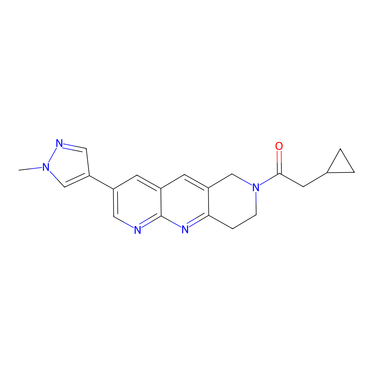 2-cyclopropyl-1-[3-(1-methyl-1H-pyrazol-4-yl)-6H,7H,8H,9H-pyrido[2,3-b]1,6-naphthyridin-7-yl]ethan-1-one molecular structure, CAS 2770628-99-2