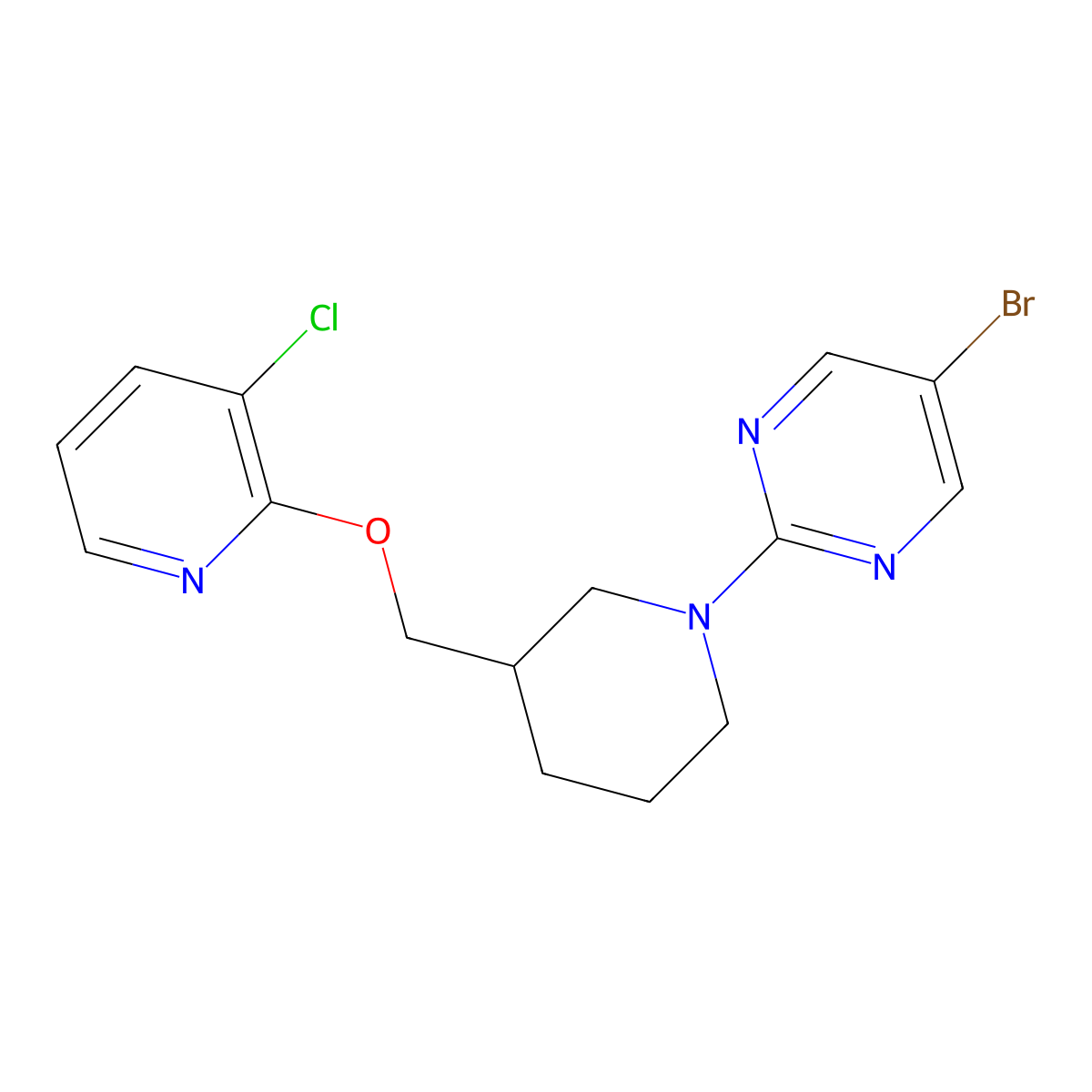5-Bromo-2-(3-{[(3-chloropyridin-2-yl)oxy]methyl}piperidin-1-yl)pyrimidine molecular structure, CAS 2770629-01-9