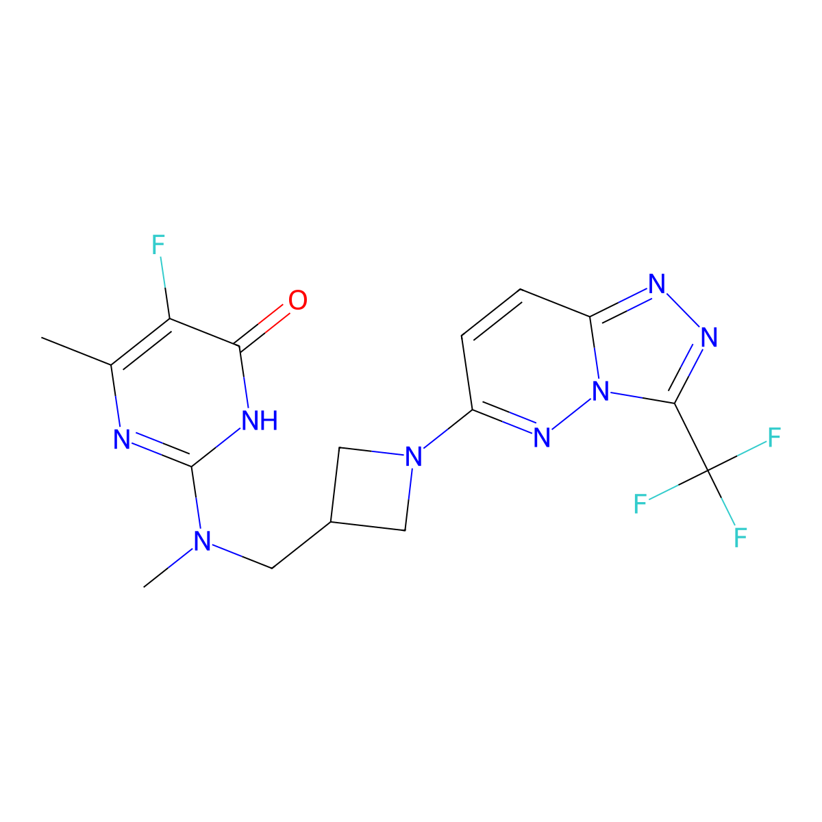 5-Fluoro-6-methyl-2-[methyl({1-[3-(trifluoromethyl)-[1,2,4]triazolo[4,3-b]pyridazin-6-yl]azetidin-3-yl}methyl)amino]-3,4-dihydropyrimidin-4-one molecular structure, CAS 2770629-02-0