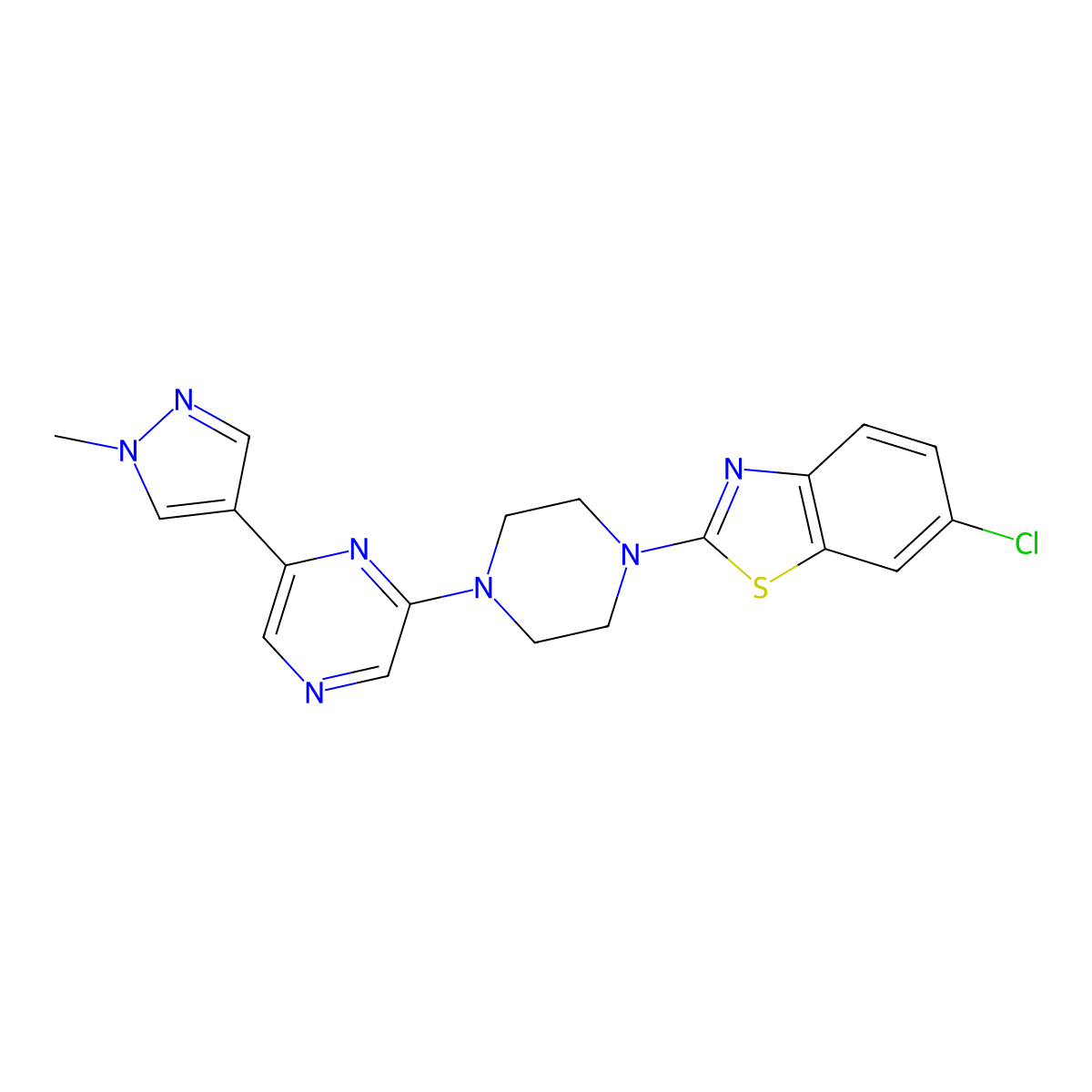 6-chloro-2-{4-[6-(1-methyl-1H-pyrazol-4-yl)pyrazin-2-yl]piperazin-1-yl}-1,3-benzothiazole molecular structure, CAS 2770629-10-0