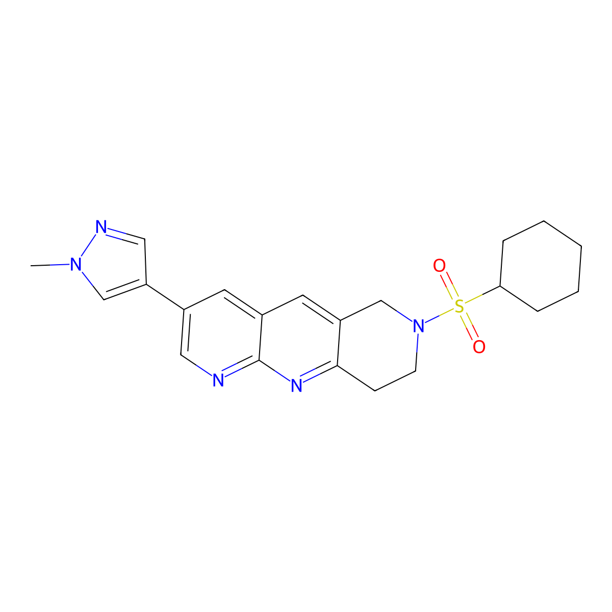 4-[7-(cyclohexanesulfonyl)-6H,7H,8H,9H-pyrido[2,3-b]1,6-naphthyridin-3-yl]-1-methyl-1H-pyrazole molecular structure, CAS 2770629-24-6