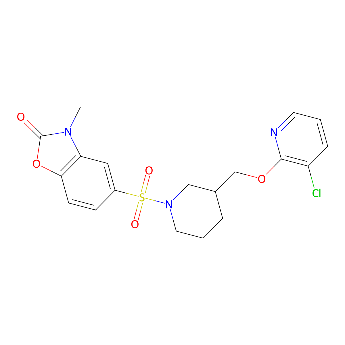 5-[(3-{[(3-Chloropyridin-2-yl)oxy]methyl}piperidin-1-yl)sulfonyl]-3-methyl-2,3-dihydro-1,3-benzoxazol-2-one molecular structure, CAS 2770629-26-8