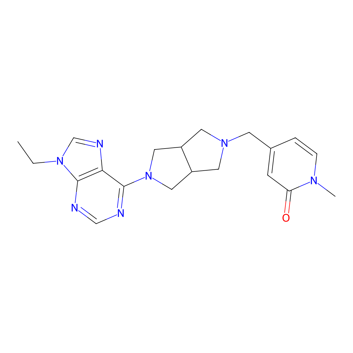 4-{[5-(9-ethyl-9H-purin-6-yl)-octahydropyrrolo[3,4-c]pyrrol-2-yl]methyl}-1-methyl-1,2-dihydropyridin-2-one molecular structure, CAS 2770629-28-0