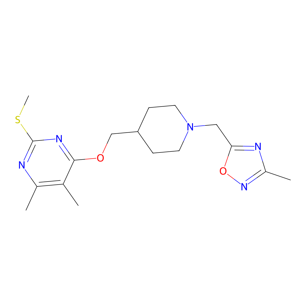 4,5-Dimethyl-6-({1-[(3-methyl-1,2,4-oxadiazol-5-yl)methyl]piperidin-4-yl}methoxy)-2-(methylsulfanyl)pyrimidine molecular structure, CAS 2770629-33-7