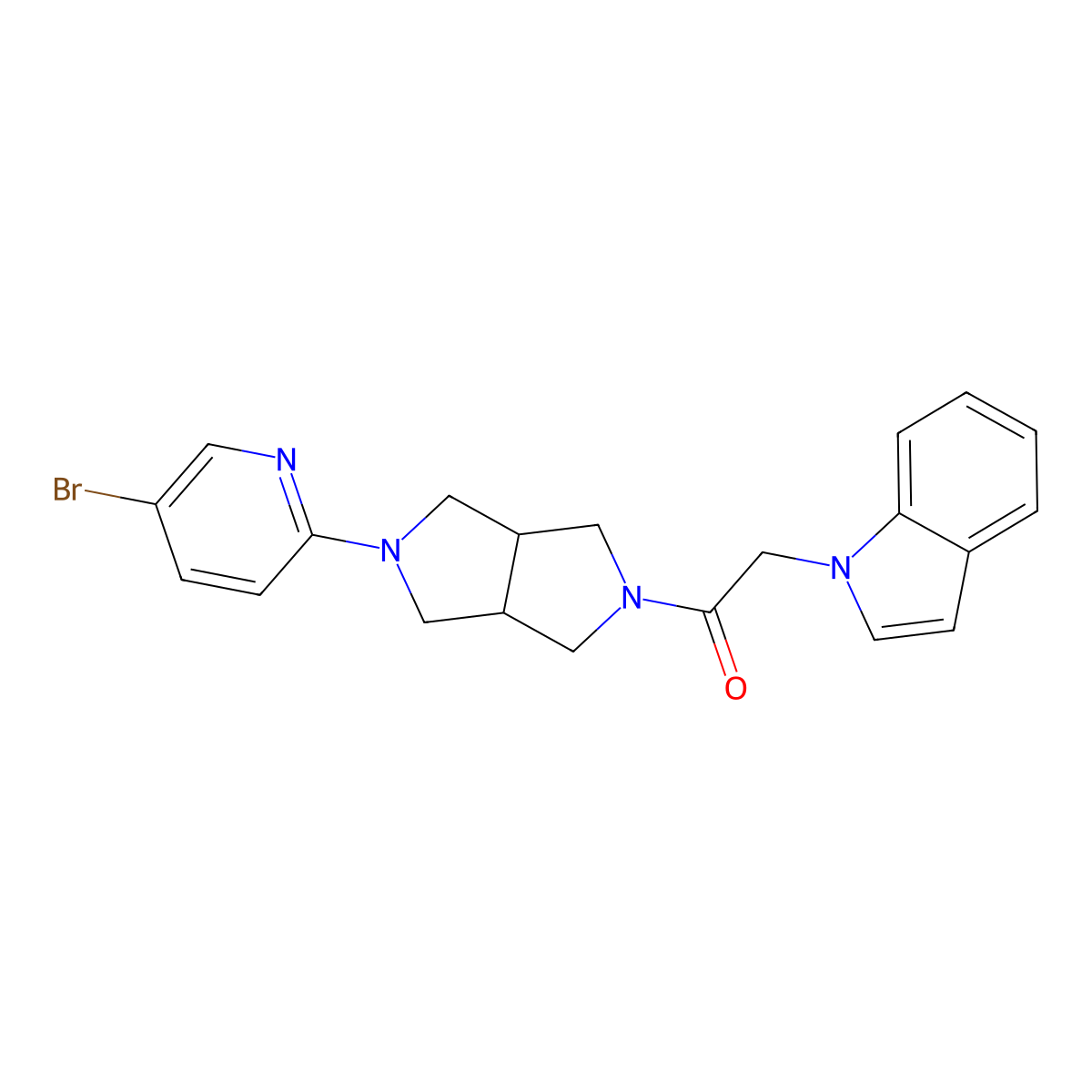 1-[5-(5-bromopyridin-2-yl)-octahydropyrrolo[3,4-c]pyrrol-2-yl]-2-(1H-indol-1-yl)ethan-1-one molecular structure, CAS 2770629-35-9