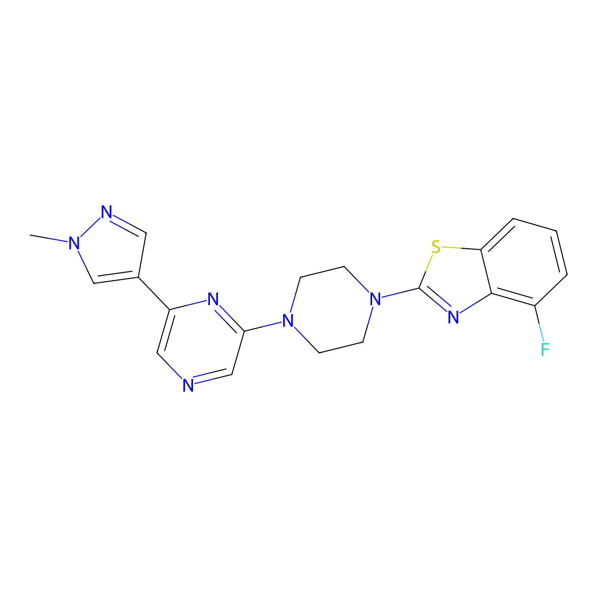 4-fluoro-2-{4-[6-(1-methyl-1H-pyrazol-4-yl)pyrazin-2-yl]piperazin-1-yl}-1,3-benzothiazole molecular structure, CAS 2770629-38-2