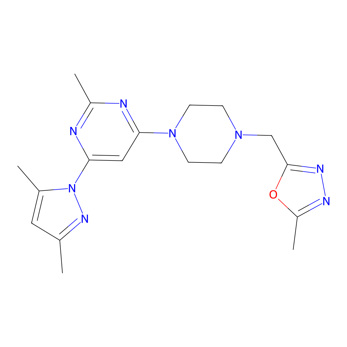 4-(3,5-dimethyl-1H-pyrazol-1-yl)-2-methyl-6-{4-[(5-methyl-1,3,4-oxadiazol-2-yl)methyl]piperazin-1-yl}pyrimidine molecular structure, CAS 2770629-43-9