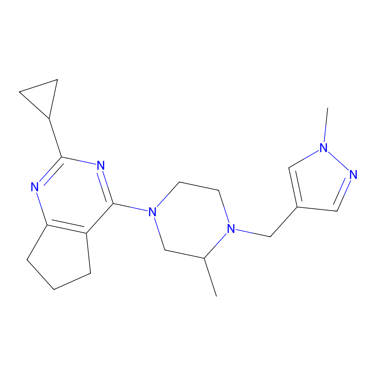 4-{2-cyclopropyl-5H,6H,7H-cyclopenta[d]pyrimidin-4-yl}-2-methyl-1-[(1-methyl-1H-pyrazol-4-yl)methyl]piperazine molecular structure, CAS 2770629-45-1