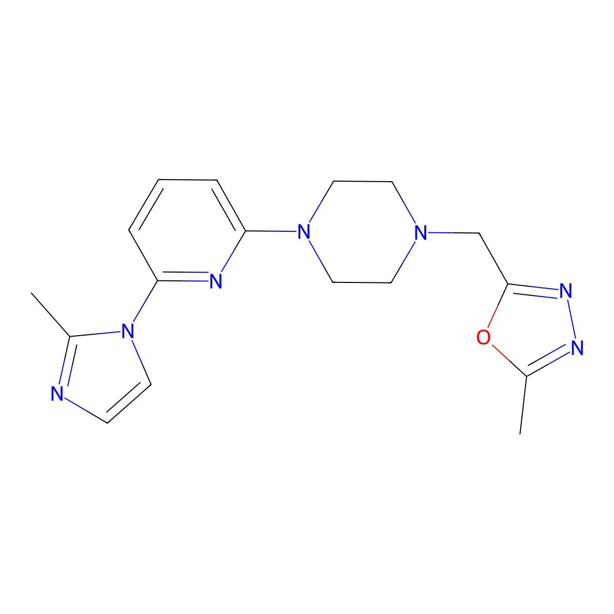 1-[(5-methyl-1,3,4-oxadiazol-2-yl)methyl]-4-[6-(2-methyl-1H-imidazol-1-yl)pyridin-2-yl]piperazine molecular structure, CAS 2770629-49-5
