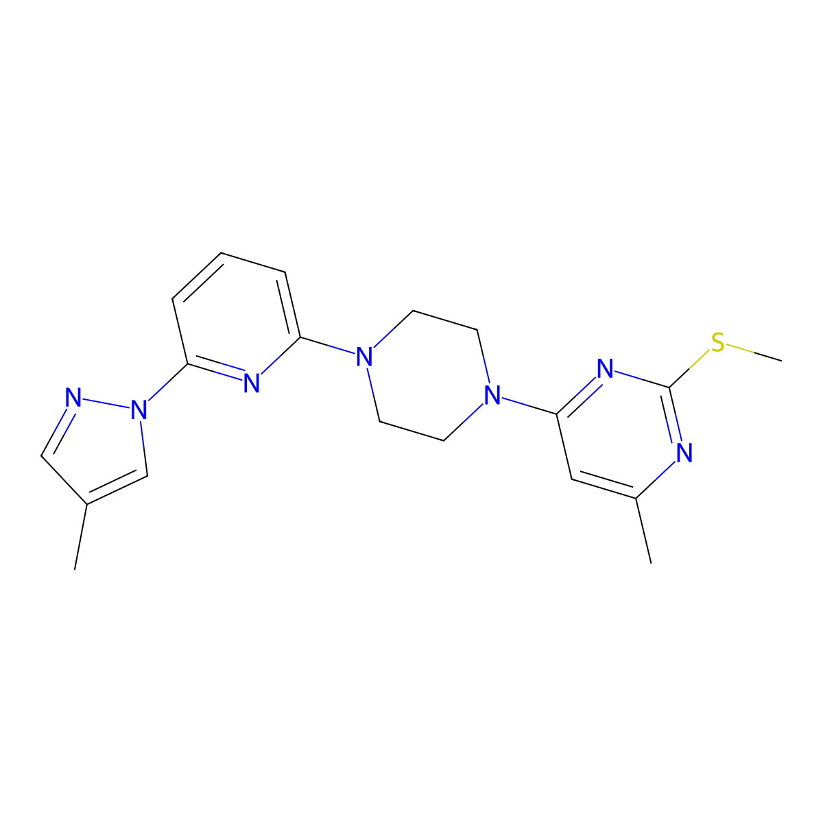 4-methyl-6-{4-[6-(4-methyl-1H-pyrazol-1-yl)pyridin-2-yl]piperazin-1-yl}-2-(methylsulfanyl)pyrimidine molecular structure, CAS 2770629-51-9