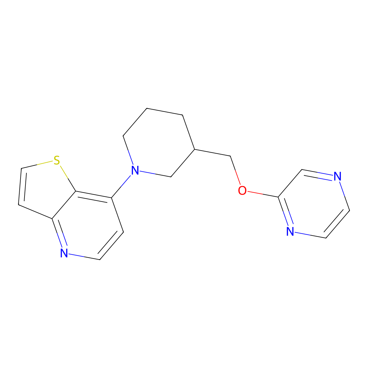 2-[(1-{Thieno[3,2-b]pyridin-7-yl}piperidin-3-yl)methoxy]pyrazine molecular structure, CAS 2770629-52-0