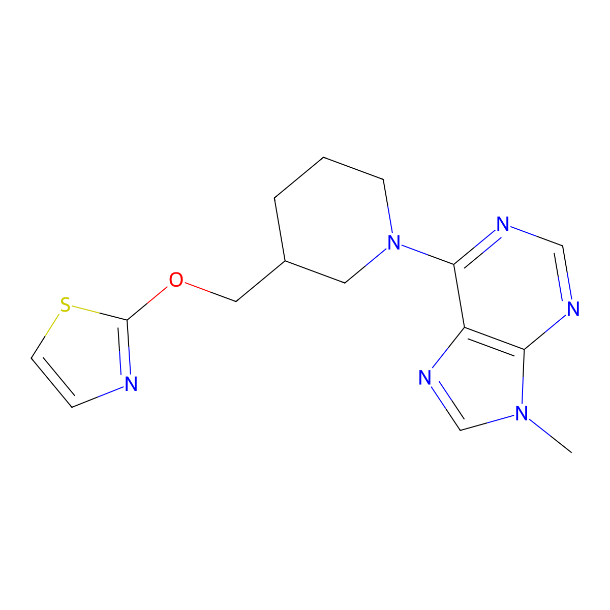 9-methyl-6-{3-[(1,3-thiazol-2-yloxy)methyl]piperidin-1-yl}-9H-purine molecular structure, CAS 2770629-55-3